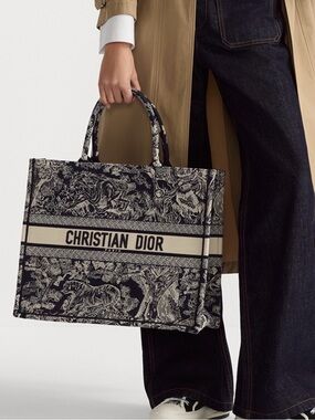 Authentic Christian Dior de jouy embroidery Black Toile large book Tote